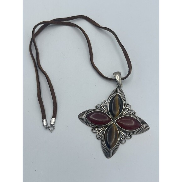 925 GFJ THAI Sterling Silver Tigers Eye & Carnelian Agate Pendant Necklace - Picture 1 of 7